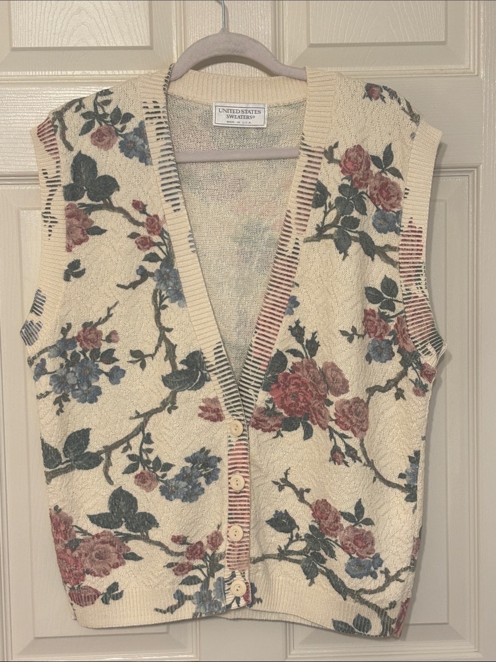 Vintage united states sweaters Cream Floral Button-Up Sweater Vest